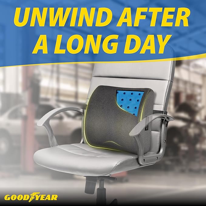 Goodyear Lumbar Support Car Seat Cushion with Cooling Gel â Accessories for Driving â Memory Foam Car Seat Lumbar Support Pillows, Office Chairs Cushion, Ergonomic Back Support, Desk Accessories
