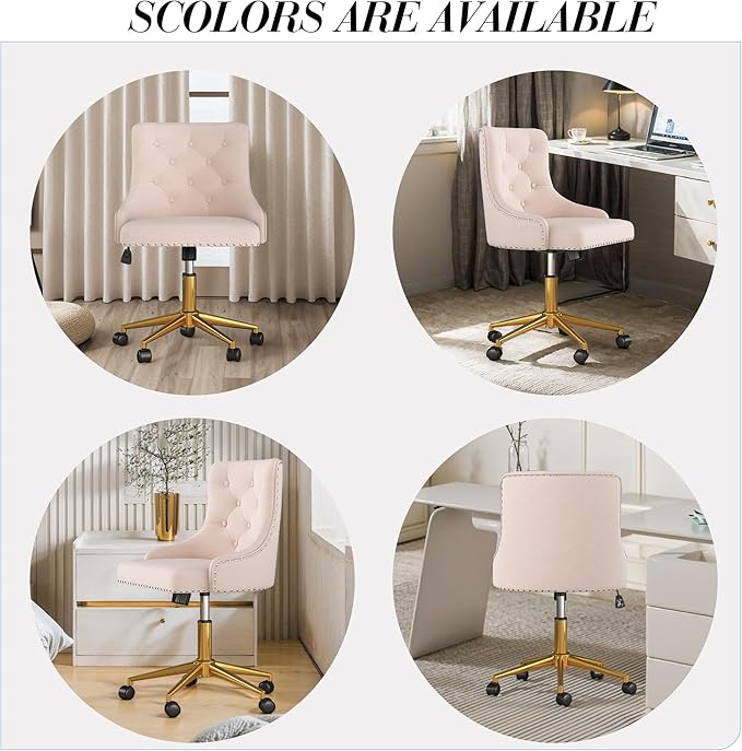 Velvet Armless Home Office Desk Chair, Swivel Height-Adjustable Small Cute Vanity Chair for Women/Girls, Comfy Makeup Chair with Rivet and Gold Base for Living Room, Bedroom(Light Pink)