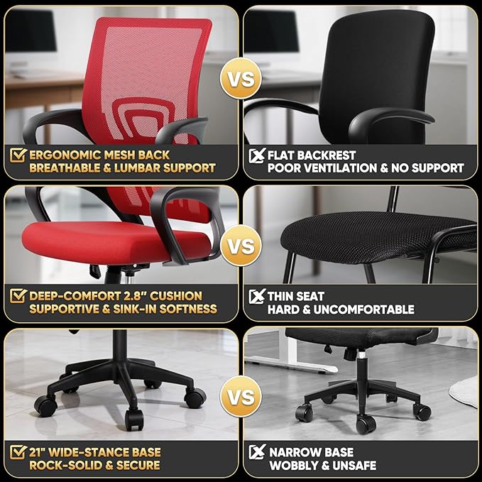 Magshion Ergonomic Office Desk Chair, Mid-Back Mesh Computer Chair, Swivel Chair with Breathable Backrest & Lumbar Support, Adjustable Height for Gaming, Work, Study, 300 Lbs Capacity, Red
