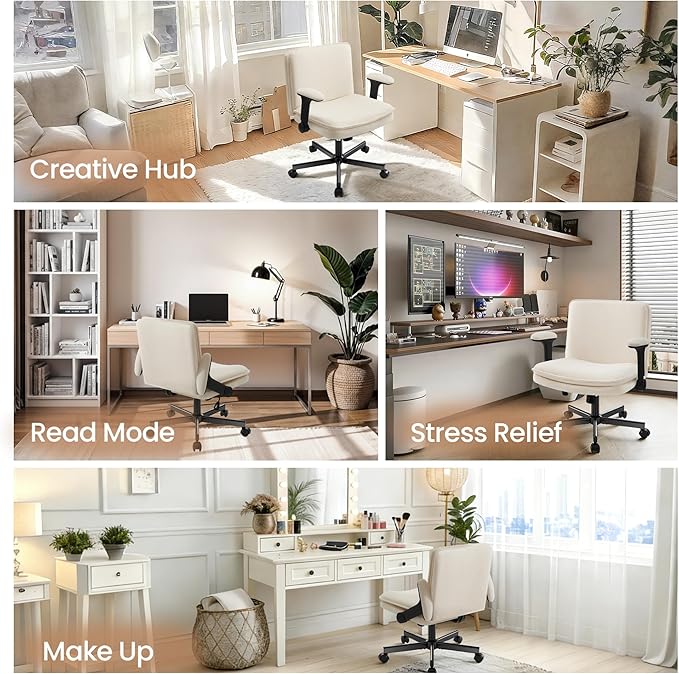 Criss Cross Office Chair with Wheels - Wide Seat Criss Cross Desk Chair with Flip-up Arms and Thick Cushion - Comfy Tilting Swivel Rolling Vanity Chair for Home Office Bedroom Apartment