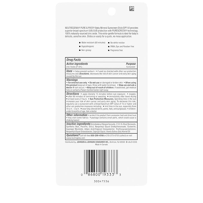 Neutrogena Mineral Sunscreen Stick, SPF 50, Zinc Oxide | Water-Resistant | Hypoallergenic | For Baby | Pack of 2