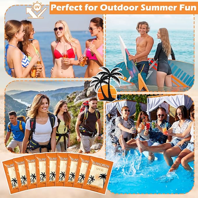 Leelosp Pack of 100 Mini Sunscreen Packets Bulk SPF 30+ Travel Size Sunscreen Lotion Moisturizing for Summer Party Favors Thank You Gifts