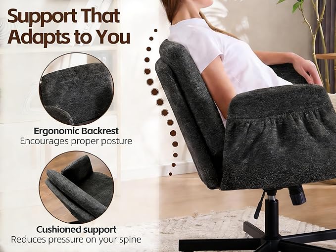 Criss Cross Chair with 5-Gear Adjustable Armrests & Wheels, Ergonomic Airbag Back Support Swivel Desk Chair for Home Office, Vanity, Bedroom and Living Room,Dark Grey