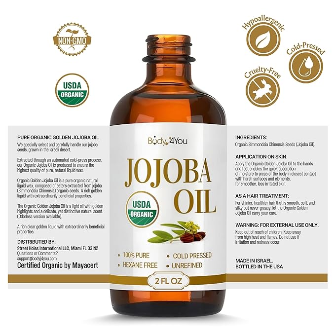 BodyJ4You Jojoba Oil for Face Skin - USDA Organic 100% Pure Cold Pressed - Facial Dermaplane Gua Sha Hair Growth Body Massage Nails Oil - Unrefined Carrier Hexane Free Natural - Base Carrier Wax