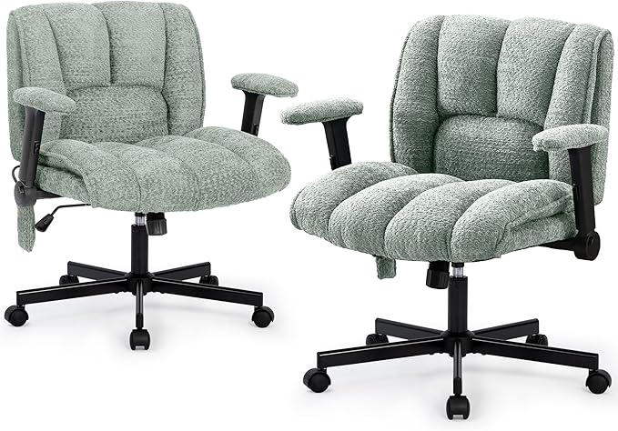 Criss Cross Legged Office Chair with Flip-Up Arms and Wheels, Wide Seat Desk Chair with Built-In Dynamic Airbag Lumbar Support, Modern Cross-Leg Chair for Home Office, Apartment, Vanity, Light Green