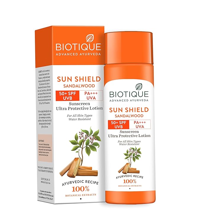 Biotique Bio Sandalwood Face & Body Sun Lotion Spf 50 Uva/Uvb Sunscreen For All Skin Types In The Sun Very Water Resistant, 190ml