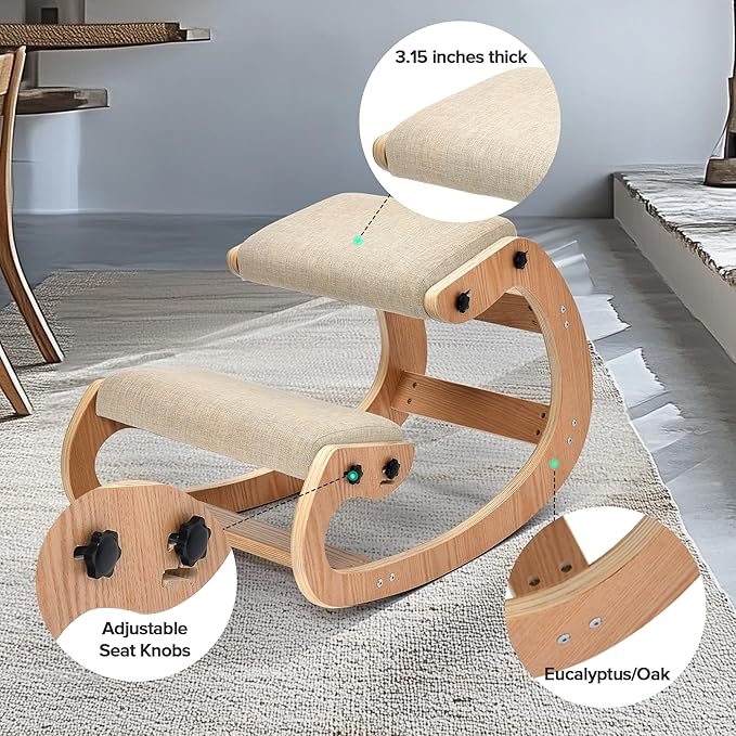 Easyego Kneeling Chair Ergonomic Posture Chair, Wood Adjustable Rocking Knee with Soft Padding, Natural Relief for Neck or Back Pain for Home Office, Max Load 300 lb - Beige