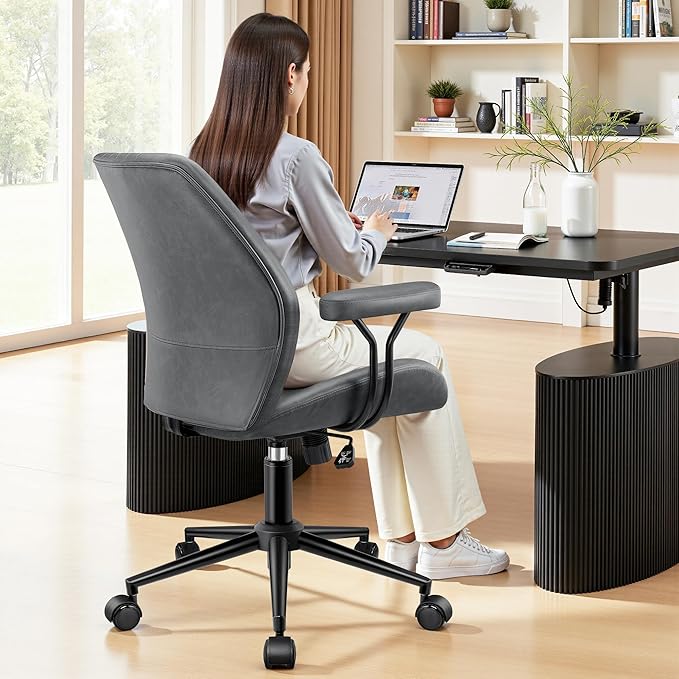 Leather Office Chair with Removable Armrests, Mid Back Ergonomic Desk Chair with Lumbar Support, Adjustable Height Rocking Swivel Executive Chair for Home Office, Dark Gray