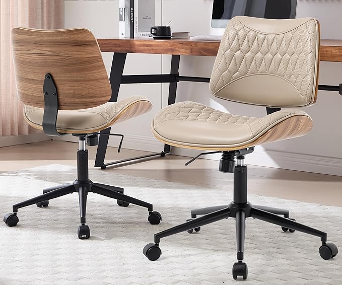 Walnut Bentwood Mid Back Armless Office Chair 2 Pack, Adjustable Height PU Leather Swivel Desk Chair with Wheels, Rolling Computer Task Chair for Home Office, Study, Meeting Room