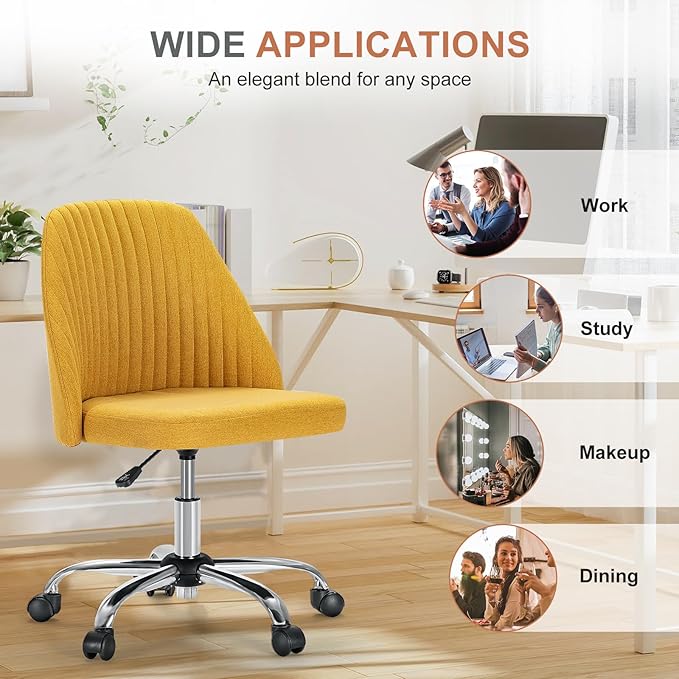DUMOS Office Chair, Comfy Desk Chair Rolling Vanity Swivel Task Chairs with Wheels, Wide Seating Armless Height Adjustable Computer Chairs for Home,Bedroom,Student,Adults, Dark Yellow