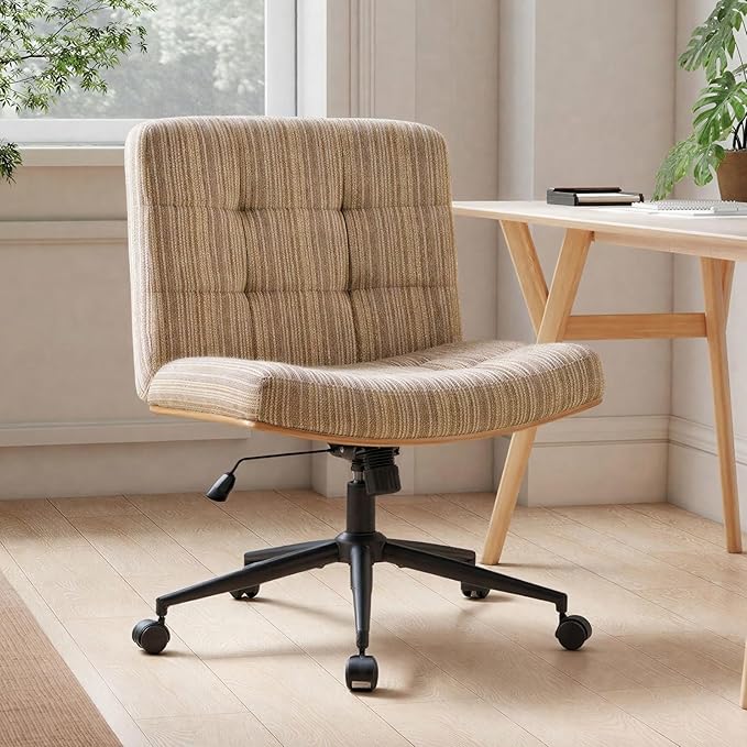 Furnimart Heavy-Duty Curved FSC Wood Desk Chair 360° Swivel, Premium Chenille Criss Cross Chair with Wheels Wide Seat, Comfy Armless Cross Legged Sitting for Bedroom, Office, Vanity (Light Brown)