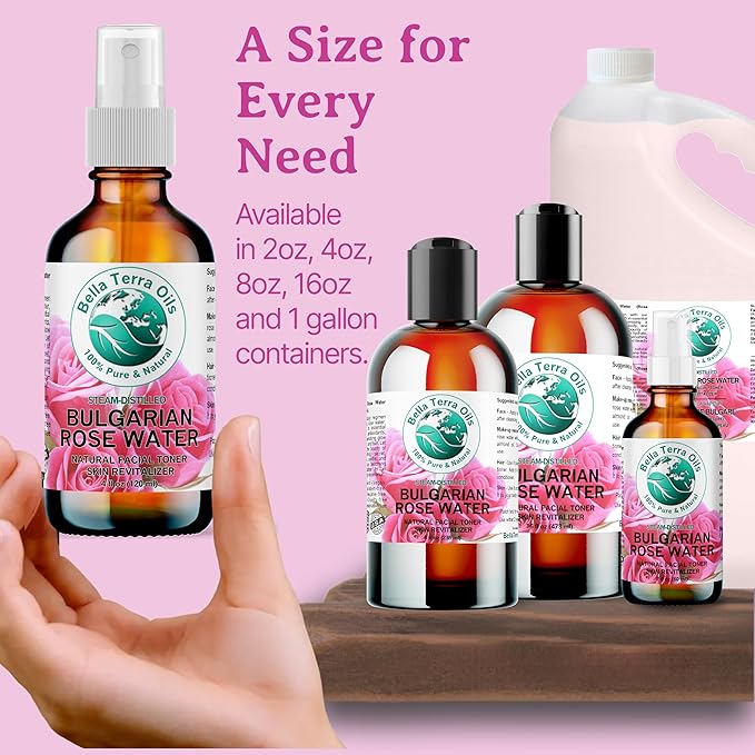 Bella Terra Oils Rose Water Hydrosol – 1 Gallon | Pure, Gentle Facial Toner & Mist | Natural Skin Tonic, Makeup Setting Spray | Organic, Steam-Distilled