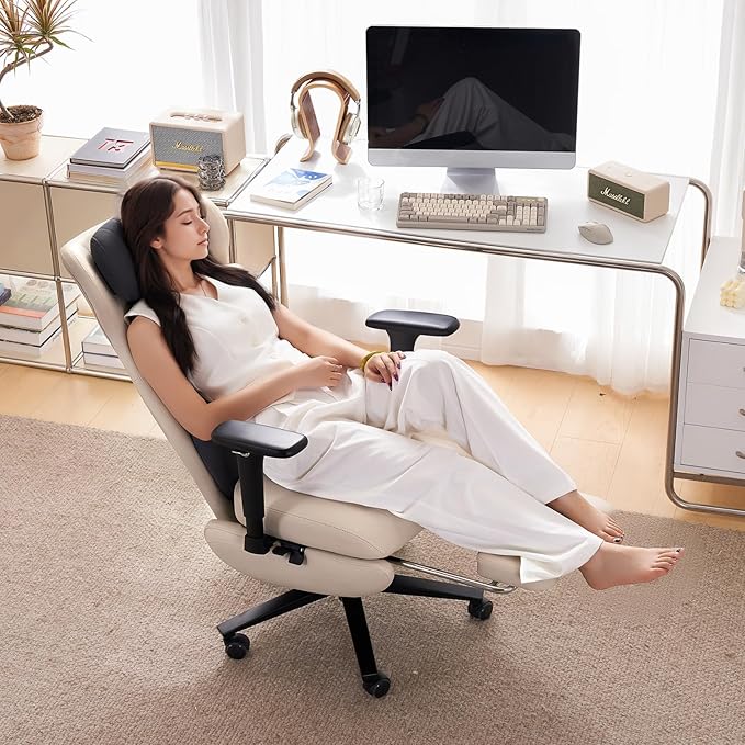 EMIAH Ergonomic Office Chair with Foot Rest Reclining Office Chair with Adjustable Arms and Headrest High Back Gaming Chair with Lumbar Support, PU Leather(Beige)