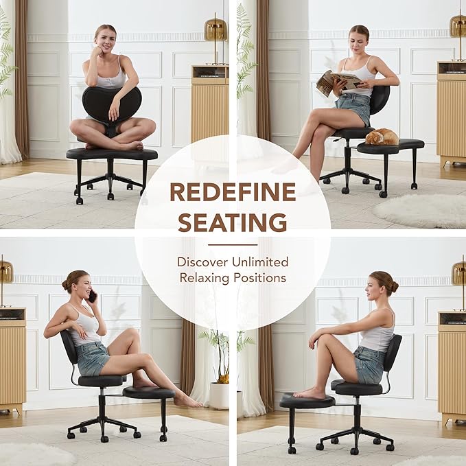 Ergonomic Cross Legged Chair with Wheels,360° Swivel Meditation Chair,ADHD Chair, Criss Cross Desk Chair with Lumbar Support and Adjustable Stool, Flexible Design for Fidgety Sitters, Black PU