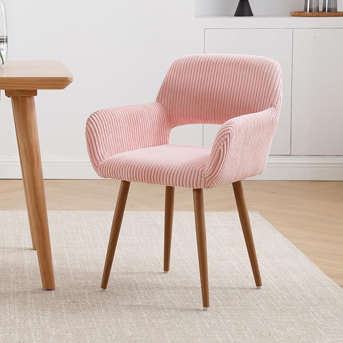 KCC Small Modern Dining Room Arm Chairs Set of 4, Mid-Century Upholstered Corduroy Fabric Side Seat Club Guest with Metal Tube Legs for Kitchen, Living Room, Pink