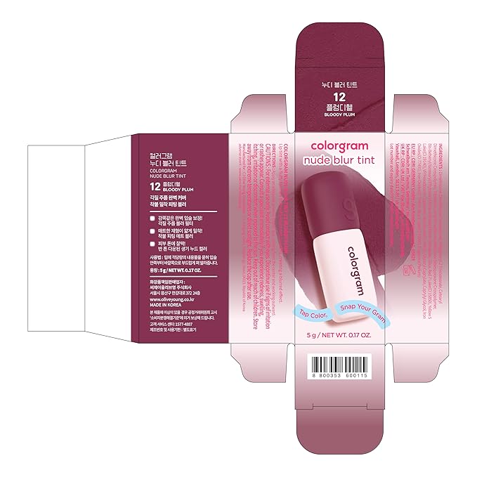 COLORGRAM NUDE BLUR TINT 12 BLOODY PLUM | K-Beauty Makeup, Soft-Focus Matte Lip Stain, 2-in-1 Lip & Cheek