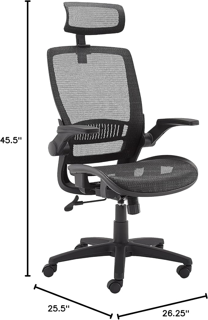 Amazon Basics Ergonomic High-Back Office Chair, Breathable Mesh, 360° Swivel, Easy to Assemble, Comfortable Flip-Up Armrests, 25.5"D x 26.25"W x 49.25"H, Black