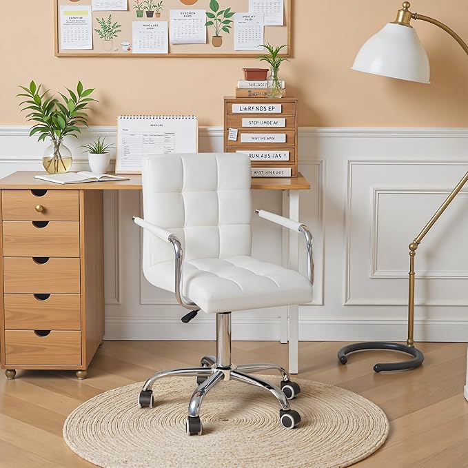 Furmax Vanity Office Chair with Wheels, Makeup PU Leather Executive Chair Modern Adjustable Home Desk Retro Comfortable Work Chair 360 Degree Swivel with Arms (White)