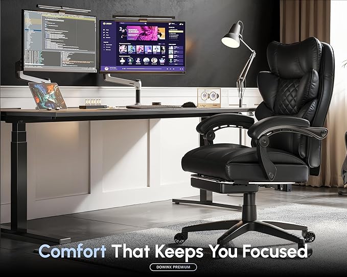 Dowinx Big and Tall Office Chair with Pocket Spring Cushion,High Back Computer Gaming Chairs with Linkage Armrests,Executive Desk Chairs with Footrest,PU Leather-Black