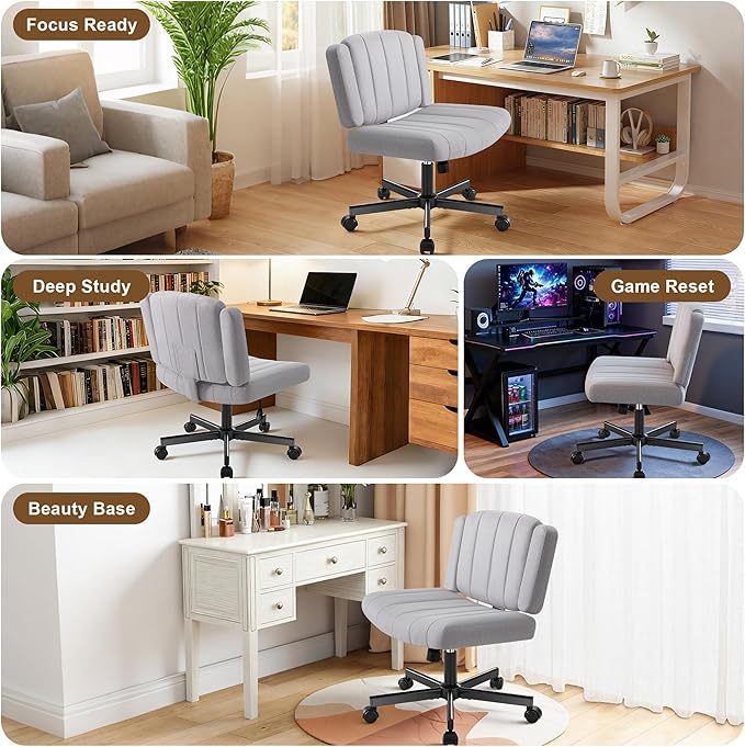 Criss Cross Chair with Wheels - Wide Seat Cross Legged Office Chair with Flip-up Arms - Comfy Swivel Rolling Desk Chair with Thick Cushion and Rocking Function for Home Office Vanity Bedroom