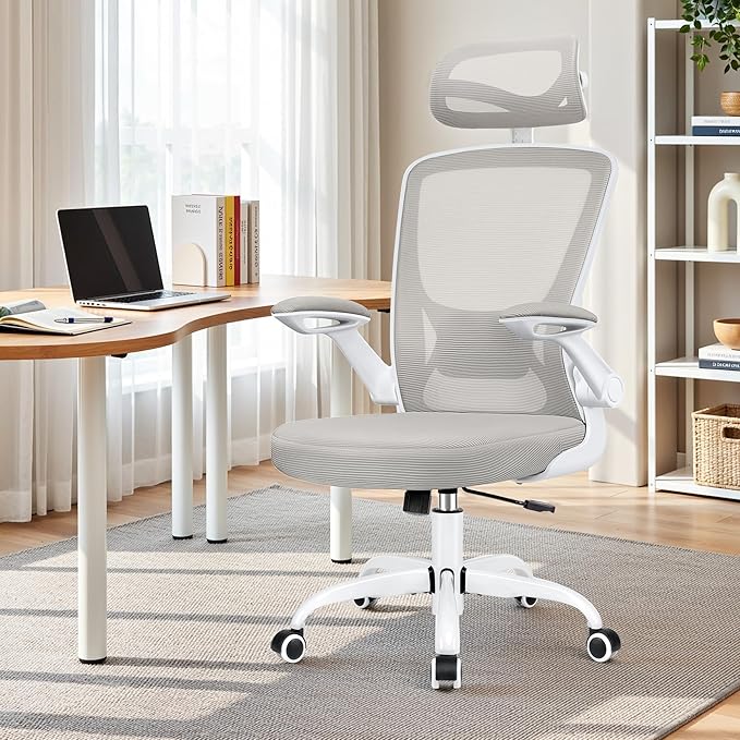 Office Chair Ergonomic Desk Chair, Breathable Mesh Office Chairs with Adjustable Lumbar Support, Flip-Up Arms, Computer Desk Chair Comfy for Home Office, Light Gray