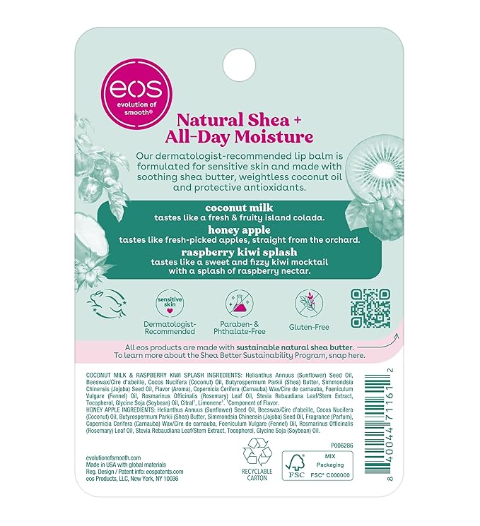eos Natural Shea Lip Balm, Honey Apple, Coconut Milk & Raspberry Kiwi Splash, All-Day Moisture, Lip Care Products, 0.14 oz, 3-Pack