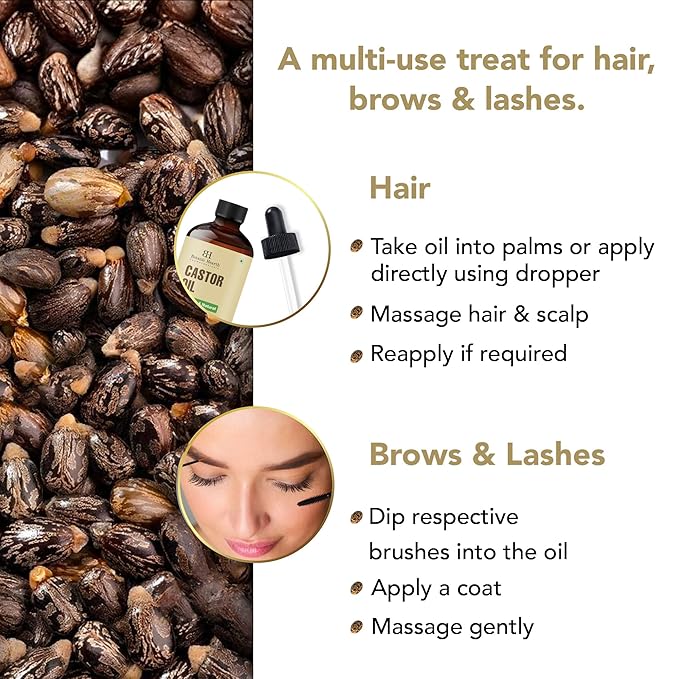 Botanic Hearth Castor Oil & Hair Treatment Oils 2 Fl oz| 100% Pure & Natural, Cold Pressed |For Hair, Eyelashes & Eyebrows | Hexane Free, Fast Absorbing | With Applicators & Dropper | All Hair Types