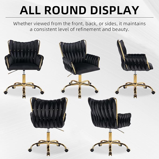 Westice Velvet Desk Chair, Home Office Gold Comfy Chair with Hand Woven High Back, Height Adjustable Swivel Chair with Comfy Upholster for Makeup Vanity Living Room Bedroom, Black