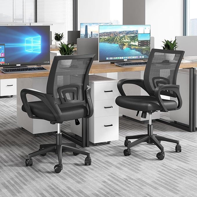 Home Office Chairs, Ergonomic Mid-Back Mesh Desk Chairs with Lumbar Support, Adjustable Swivel Rolling Design, Comfy Armrest for Work, Study, Gaming, Vanity, Black, 2 Pack