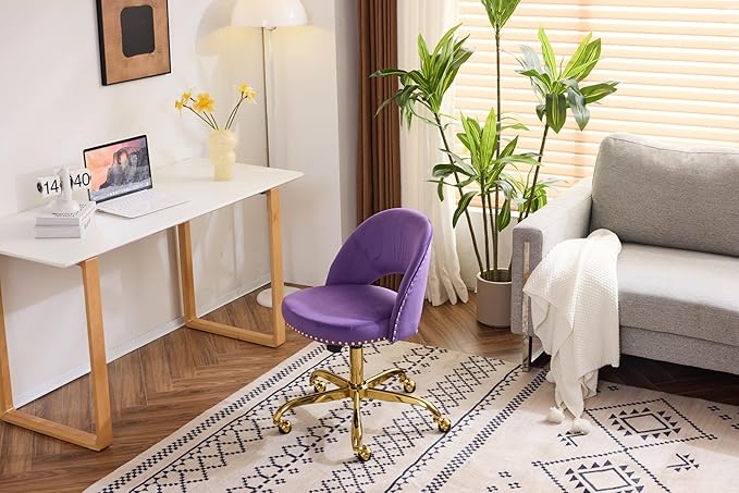 VINGLI Modern Velvet Small Office Chair,Cute Desk Chair with Wheels,Gold Base/Studs, Comfy Armless Swivel Vanity Task Chair for Women/Girl/Kids, Nail Tech Chair for Bedroom,Small Space,Violet Purple