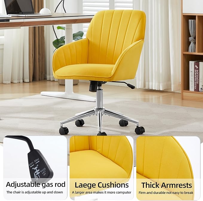 Velvet Home Office Desk Chair, Modern Cute Computer Task Chair with Back, Height Adjustable Upholstered Vanity Chair with Swivel Wheels for Women, Girls (Silver Base, Lemon Yellow