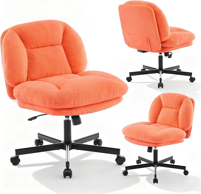 Cross Legged Office Chair, Thick Cushioned Criss Cross Desk Chair with Wheels, Wide Seat Armless Office Chair, Height Adjustable Swivel Vanity Chair for Home and Office, Orange
