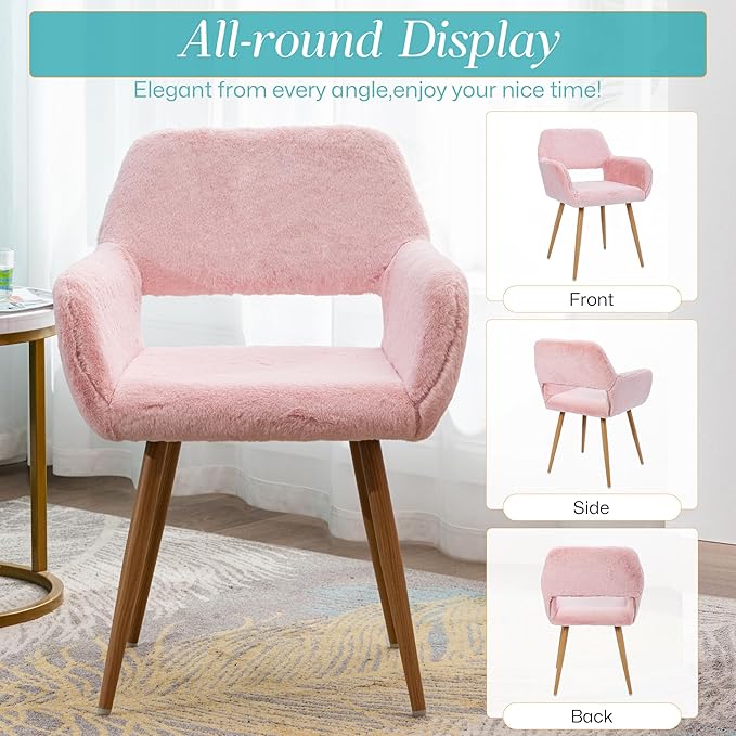 Home Office Faux Fur Desk Chair, Fluffy Makeup Vanity Chair, Comfy Accent Armchair with Wood Grain Metal Legs, Cute Dining with Hollowed Back, Pink