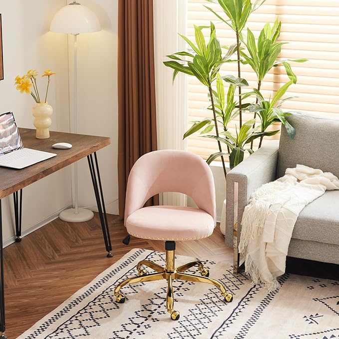 VINGLI Modern Velvet Small Office Chair,Cute Desk Chair with Wheels,Gold Base/Studs, Comfy Armless Swivel Vanity Task Chair for Women/Girl/Kids, Nail Tech Chair for Bedroom,Small Space,Pink
