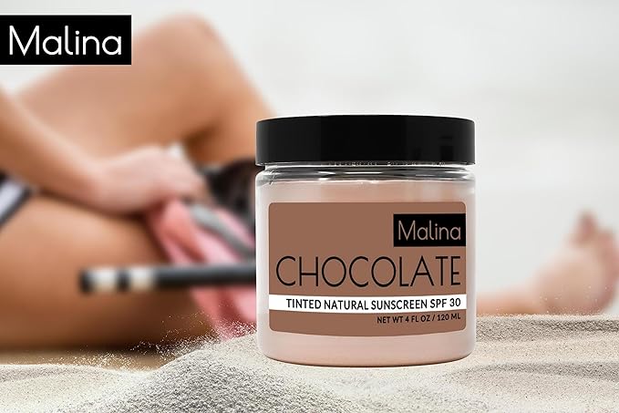 Malina™ Organic Chocolate Tinted Natural Sunscreen | SPF 30+ | Nontoxic | Reef-Safe | No Preservatives | No Synthetic Fragrance | 3 Shades | With Non-Nano Zinc-Oxide (4 Fl Oz, Light)