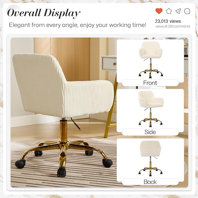 Faux Fur 360°Swivel Desk Chair, Height Adjustable Home Office Armchair with Golden Base for Teens Women Girls, Upholstery Computer Chair for Home Studios, Corduroy & Beige