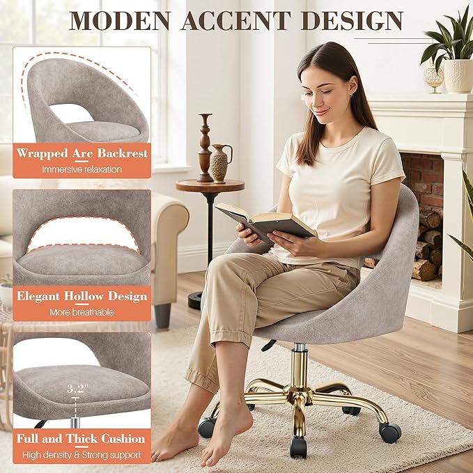 Vanity Chair with Wheels, Waterproof Modern Makeup Vanity Chairs with Back Adjustable Height, Comfy Cute Home Office Desk Chairs for Bedroom, Living Room (Khaki)
