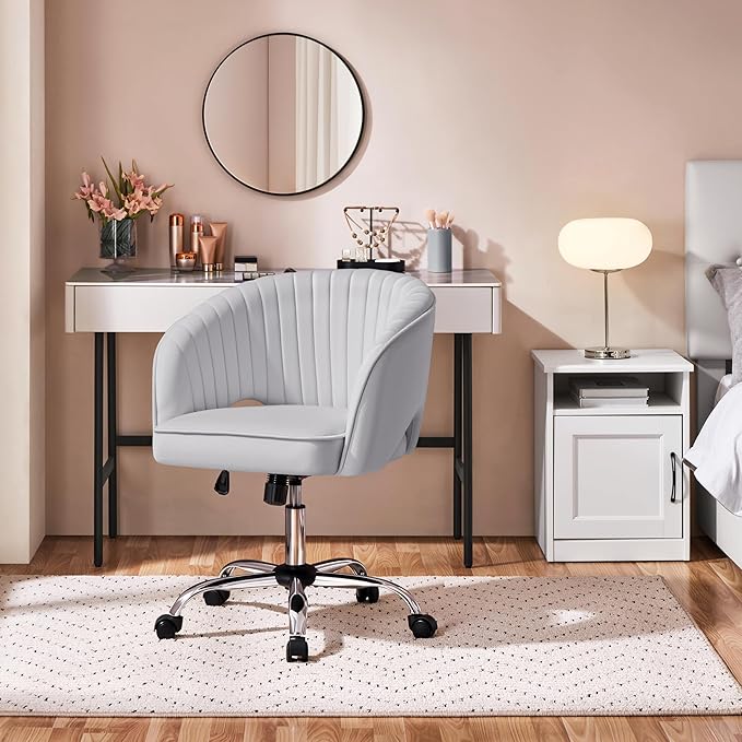 Yaheetech Velvet Swivel Vanity Chair with Back Upholstered Home Office Desk Armchair with Wheels Small Desk Chair for Bedroom Light Gray