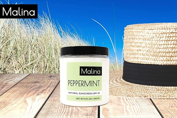 Malina™ Organic Peppermint Natural Sunscreen | SPF 30+ | Nontoxic | Baby-Safe | Reef-Safe | No Preservatives | No Synthetic Fragrance | Made With Pure Essential Oil (8 FL Oz)