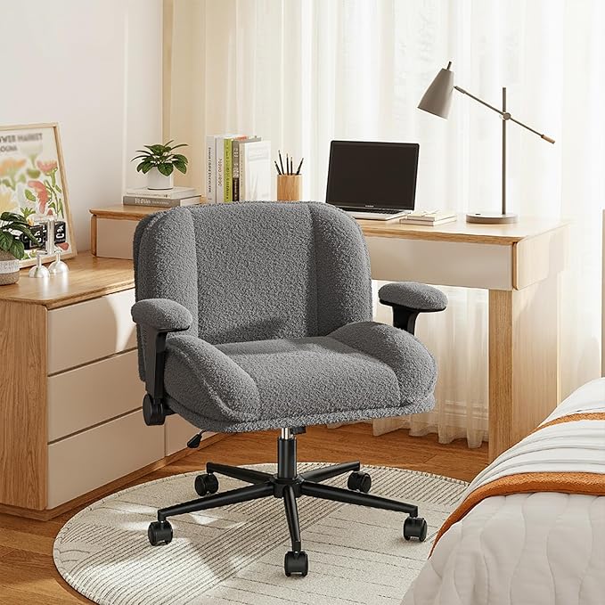 Cross Legged Office Chair with Flip-Up Arms,Oversized Criss Cross Chair with Wheels,Wide & Extra-Deep Seat Thickened for Home Office,Vanity, Bedroom,Apartment Dorms,Plush Cushion,Comfy,Grey