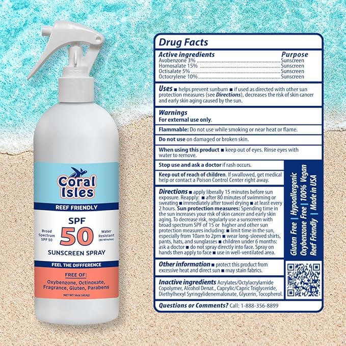 Coral Isles SPF 50 Sunscreen | 16 Fl Oz Spray Bottle | Broad Spectrum UVA/UVB | Octinoxate & Oxybenzone Free | Water Resistant | Fragrance Free