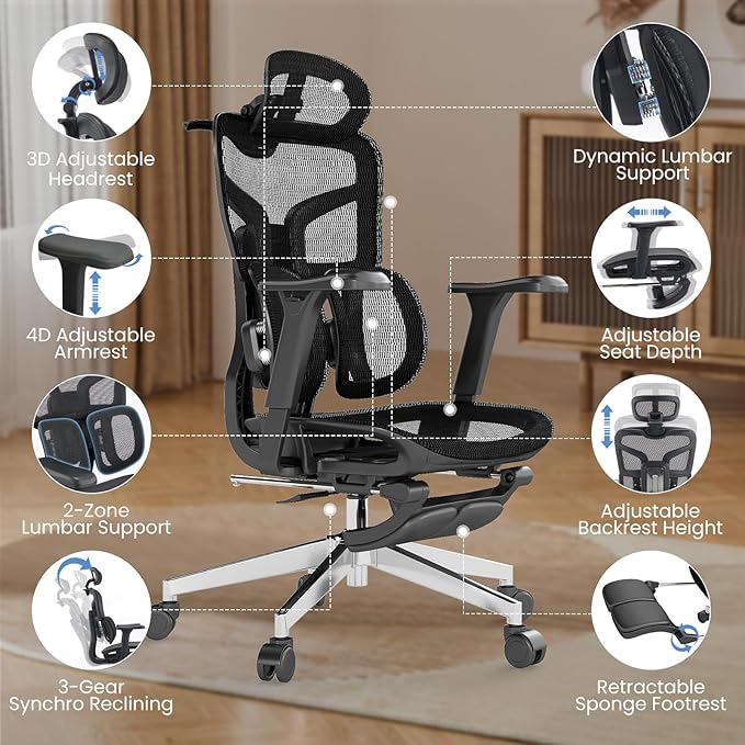 MOJAY Ergonomic Office Chair with Footrest, Big and Tall Desk Chair with Lumbar Support, High Back Home Desk Chair for Long Desk Work, Swivel Rolling Computer Seating with 4D Armrest for Home Office
