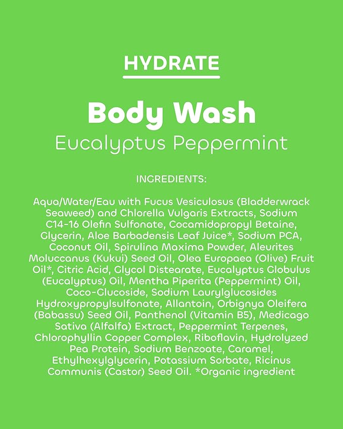 Seaweed Bath Co. Hydrate Body Wash - Eucalyptus Peppermint - Hydrating Lathering Cleanser with Nourishing Natural Ingredients - Vegan, Paraben and Sulfate Free Shower Gel - 12 oz