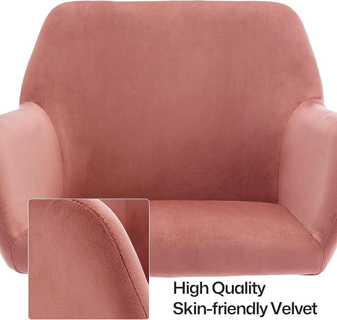 Faux Fur 360°Swivel Desk Chair, Modern Height Adjustable Home Office Armchair with Golden Base for Teens Women Girls, Upholstery Computer Chair for Home Studios, Velvet & Pink