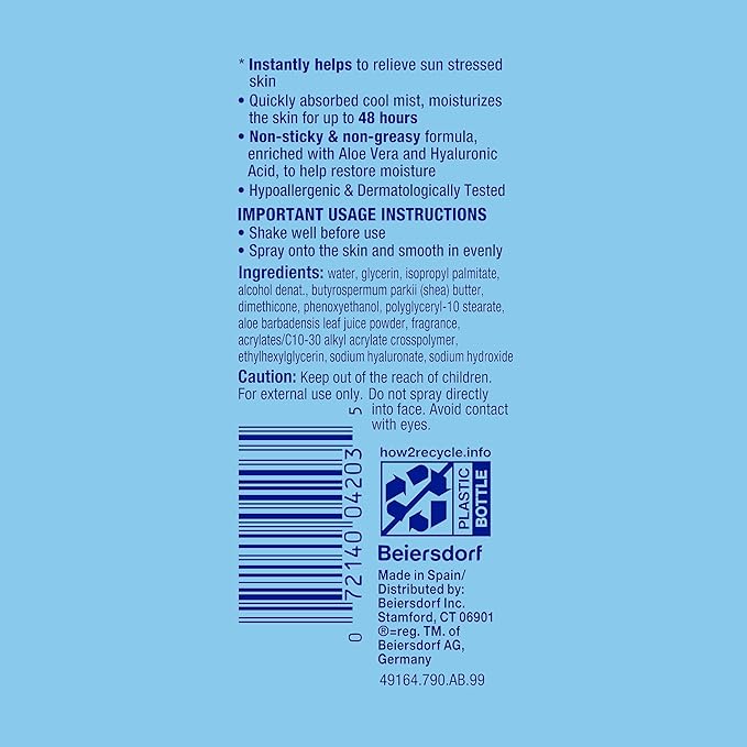 Coppertone After Sun Mist With Aloe Vera and Hyaluronic Acid, Soothing and Cooling Mist for Sun-Stressed Skin, Dermatologically Tested, Hypoallergenic After Sun Skin Care, 6.7 Oz Bottle