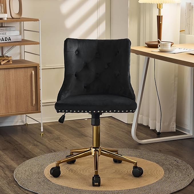 VINGLI Black Velvet Armless Home Office Desk Chair with Gold Base/Wheels, Small Cute Vanity/Makeup Chair with Back for Bedroom, Upholstered Adjustable Rolling Swivel Nail Chair for Women/Girls