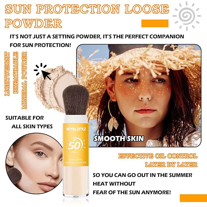 2 Pcs Mineral Sunscreen Setting Powder SPF50 PA++ for Face,Long-Lasting Oil Control Sunscreen Brush Powder,Matte Transparent Facial Powder Sunscreen,All Skin