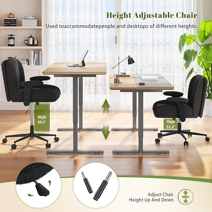 Cross Legged Office Chair with Flip-Up Arms,Oversized Criss Cross Chair with Wheels,Wide & Extra-Deep Seat Thickened for Home Office,Vanity, Bedroom,Apartment Dorms,Vanity Chair,Comfy,Black