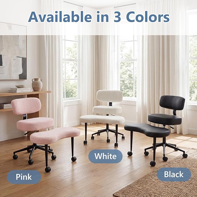 DUMOS Ergonomic ADHD Cross Legged Office Desk Chair with Adjustable Backrest, Height Adjustable Meditation Chair with 360° Swivel Footstool, Teddy Fabric Yoga Stool for Home Office, Pink