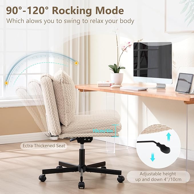 Fizzin Criss Cross Chair,Armless Cross Legged Chair with Wheels,Memory Foam Seat Office Desk Chair with Flipable Back Cushion,Mid Back Swivel Chair for Home Office,Bedroom Vanity (Beige)